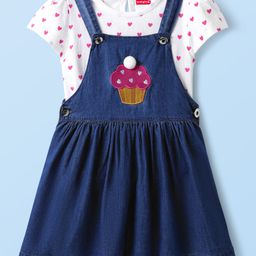 Babyhug Cotton Knit Half Sleeves Inner T-Shirt & Frock with Cupcake Embroidery & Heart Print - Blue & White-image-84