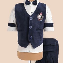 Rikidoos Full Sleeves Textured & Arrow Printed 3 Piece Party Suit With Bow Set - Navy Blue & White-image-53