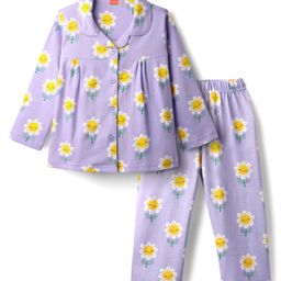 Babyhug Cotton Knit Full Sleeves Front Open Co-Ord Night Suit with Sunflower Print - Lavender-image-65