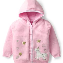 Babyhug Knit Full Sleeves Front Open Hooded Sweater With Unicorn Embriodery - Pink-image-62