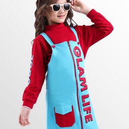 OLLINGTON ST. Cotton Knit Full Sleeves Top & Knit Pinafore with Glam Life Text Print - Red & Blue-picture-1