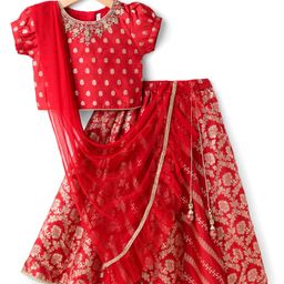 Babyhug Brocade Woven Half Sleeves Choli Lehenga & Dupatta Set With Floral Print - Red-picture-24