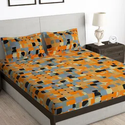 Story@home Arena Orange Abstract Printed Microfiber 180 TC Fitted Bedsheet Set-1.52mX1.82m-image-2