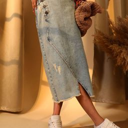 Campus Sutra Denim Straight Midi Skirts-image-29