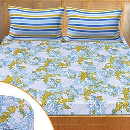 Kuber Industries Blue & Green Floral 144 TC Queen Bedsheet with 2 Pillow Covers-image-60
