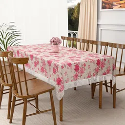 Kuber Industries Cream-Coloured & Pink Floral Printed Waterproof 8-Seater Table Cover-23