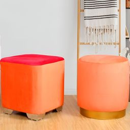Shadowkart 2Pc Orange-Coloured Wooden Mudda Pouffe Ottoman-image-89
