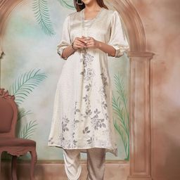 BulBul Women Floral Printed Regular Pure Silk Kurta with Trousers-image-34