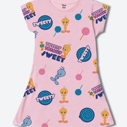 Wear Your Mind Girl Tweet Bird Cartoon Print Cap Sleeves T-Shirt Dress-image-90
