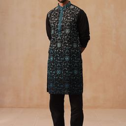 Jompers Floral Embroidered Mandarin Collar Thread Work Straight Kurta With Pyjamas-image-71