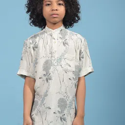 Crimsoune Club Boys Floral Printed Linen Band Collar Short Kurta-picture-42
