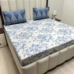 Pure Decor Blue & White Floral Printed 300 TC Cotton Queen Size Bedsheet Set 2.28m x 2.54m-image-26
