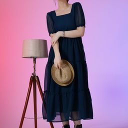 Raiyani Enterprise Women Square Neck Tiered Puff Sleeve Fit & Flare Maxi Dress-image-84