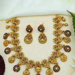 Diksha collection Brass-Plated Stone Studded & Beaded Matte Finish Temple Jewellery Set-image-26
