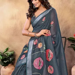 MORDEN MUSE Floral Printed Linen Shimmer Saree With Blouse Piece-picture-9