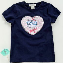 Memory Life Half Sleeves Tee Heart Shape Sequin Flip Design - Navy-19