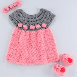 USHA ENTERPRISES Flower Crochet Handmade  Sleeveless Frock With Booties Hair Band - Grey-image-25