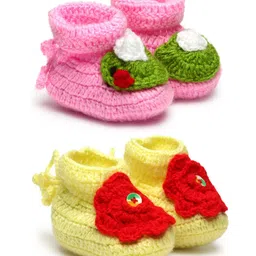 MayRa Knits Pack Of 2 Pair Of Flower Design Booties - Yellow & Pink-picture-9