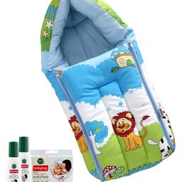 Babyhug Cotton Sleeping Bag - Blue with Natural Mosquito Repellent Patches (48 pcs) & Fabric Roll On (8ml - Pack of 2) - Set of 4-14