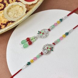 MEIRA JEWELLERY Silver-Plated Artificial Stones Studded & Beaded Bhaiya Bhabi Rakhi-image-51