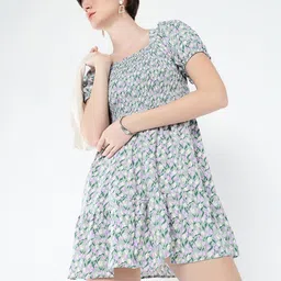 SHOWOFF Women Floral Printed Puff Sleeve Fit & Flare Mini Dress-image-83