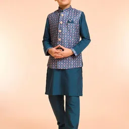 Manyavar Boys Mandarin Collar Art Silk Kurta With Pyjamas And Jacket-image-59