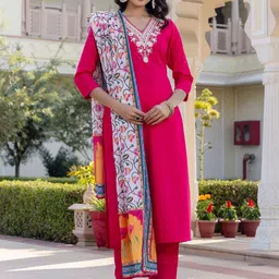 KALINI Women Floral Yoke Design Thread Work Kurta, Trousers With Dupatta-picture-58