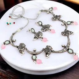 LUCKY JEWELLERY Silver-Plated Stone-Studded & Beaded Oxidised Jewellery Set-image-85