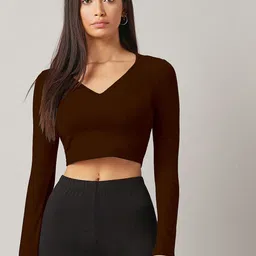 CORSICA Women V Neck Long Sleeves Cotton Fitted Crop Top-picture-21