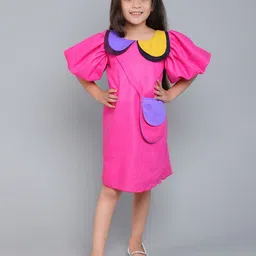 Pink Chick Colourblocked Puff Sleeve A-Line Dress-image-56