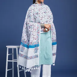 Taavi Floral Block Printed Pom Pom Edgings Linen Dupatta-image-68