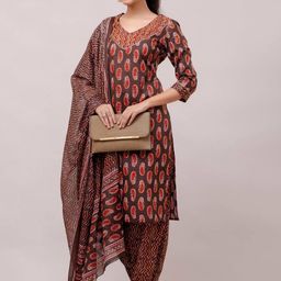 GORDHAN Women Floral Printed Regular Thread Work Pure Cotton Kurta with Harem Pants & With Dupatta-image-92