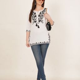 Brownverse Floral Embroidered Round Neck Thread Work Cotton Kurti-image-27