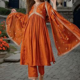 KALINI Floral Yoke Design V-Neck Art Silk A-Line Kurta with Trousers & Dupatta-picture-27