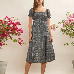 CORSICA Geometric Printed Puff Sleeves Empire Midi Dress-image-10