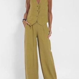 Alamode By Akanksha Olive Green Laiden Statement Linen Vest Suit With Pants-21
