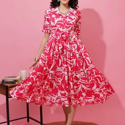 De La Moda Printed Shirt Collar Roll-Up Sleeves Tiered Belted Fit & Flare Midi Dress-picture-44