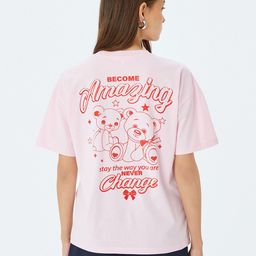Koton Women Graphic Printed Round Neck Cotton Oversized T-shirt-image-66