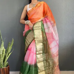 HERE&NOW Tie and Dye Zari Organza Kanjeevaram Saree-image-17