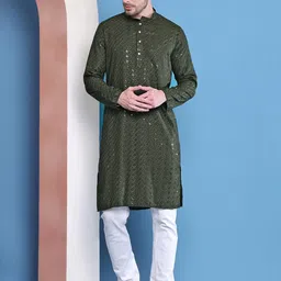 GRAGE Men Olive Kurtas-image-82
