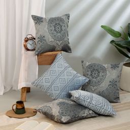 Myntra Elegant Homes Navy Blue & Blue 5 Pieces Ethnic Motifs Printed Square Cushion Covers-42