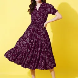 FLOWERVELLY Floral Printed Mandarin Collar Puff Sleeves Fit and Flare Dresses-picture-14