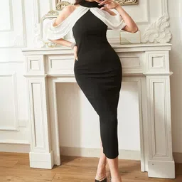 HEMANG FASHION Women Black & White Solid Polyeste Halter Neck Bodycon Maxi Dress-picture-5