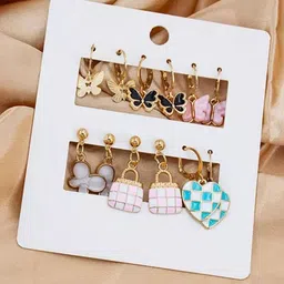 GOLDIWALA Set Of 6 Gold Plated Butterfly Shaped Enamelled Drop Earrings-picture-17