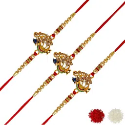 MEIRA JEWELLERY Set Of 3 Stones Studded Peacock Rakhi Comes with Roli Chawal & Card-image-28
