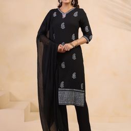 Anouk Rustic Embroidered V-Neck Thread Work Pure Cotton Kurta With Trousers & Dupatta-picture-36