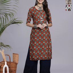 HERE&NOW Selection Of 3 Ethnic Motifs Printed Round Neck Straight Kurtas-image-64