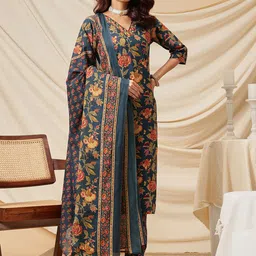 Ginni Arora Label Women Floral Printed Cotton Kurta with Trousers & Dupatta-picture-41