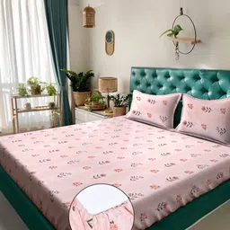 KLOTTHE Pink & Orange Floral Printed 300 TC Fitted King Bedsheet Set 2.50 m x 2.25 m-picture-9