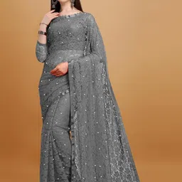 LOROFY Floral Embroidered Lightweight Net Brasso Saree with Blouse Piece-picture-19